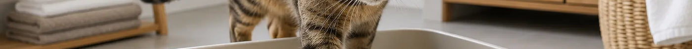 Kat stapt rustig in een schone open kattenbak met zachte korrels
