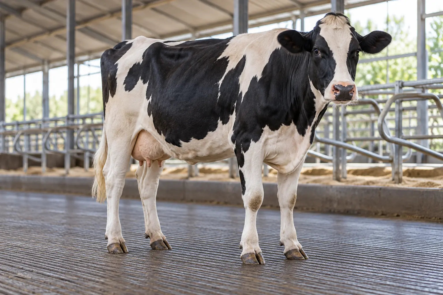 Melkkoe staat met gezonde klauwen op een droge, geribbelde stalvloer
