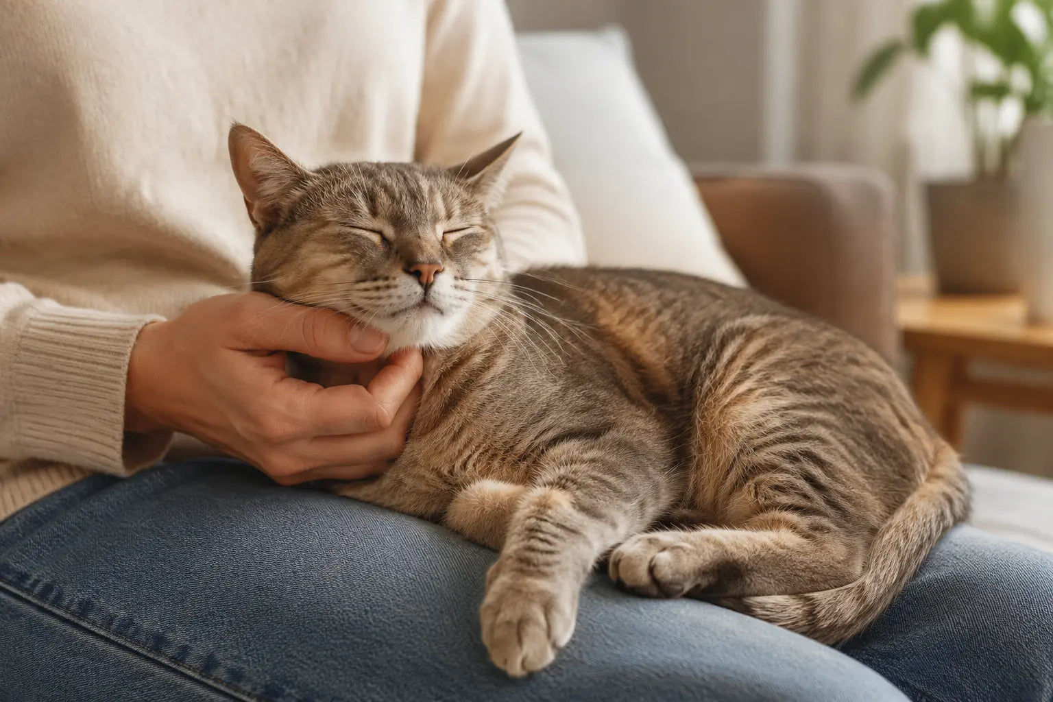 Ontspannen kat ligt spinnend op schoot en wordt onder de kin geaaid