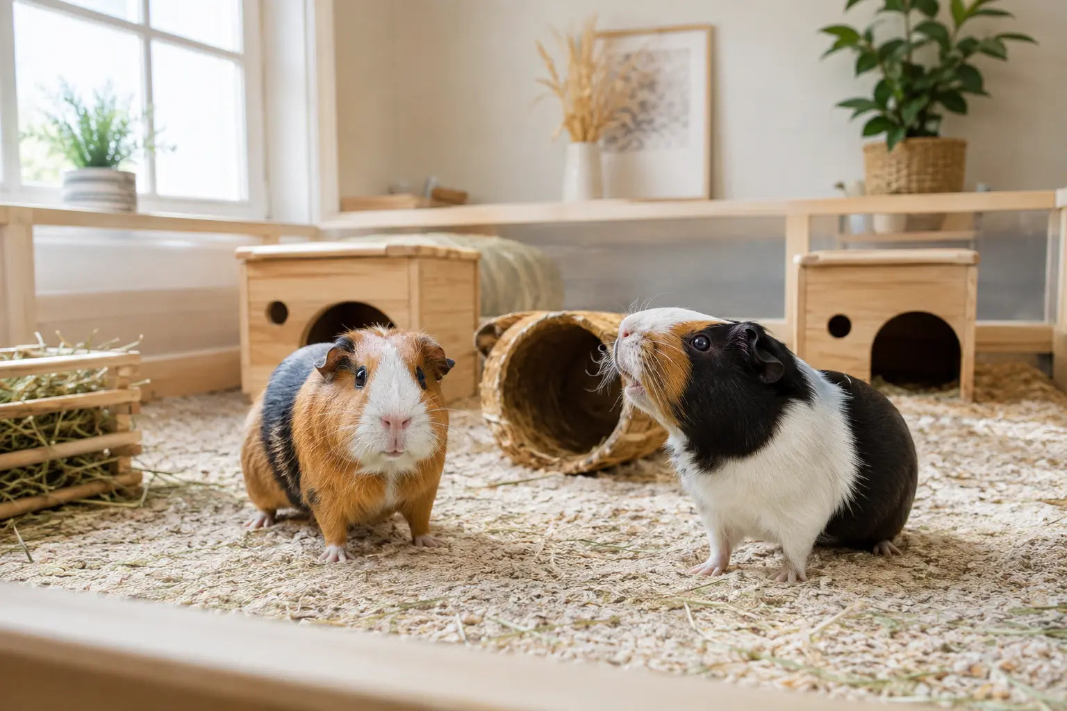 Twee cavia's samen in een ruim verblijf met meerdere schuilplekken